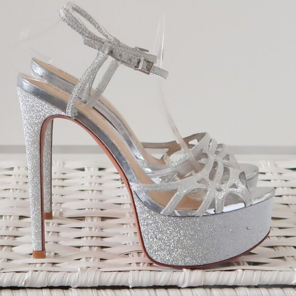 SCHUTZ Silver Sparkly Glitter Platform Heels Strappy Stiletto Sandals Party 8.5